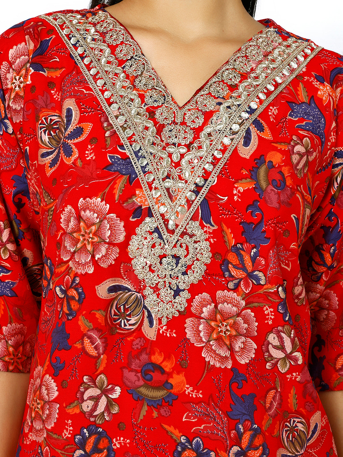 Women Embroidery Masleen Cotton Kurti Set Ethnic Printed RED Color (Plus Size Available)