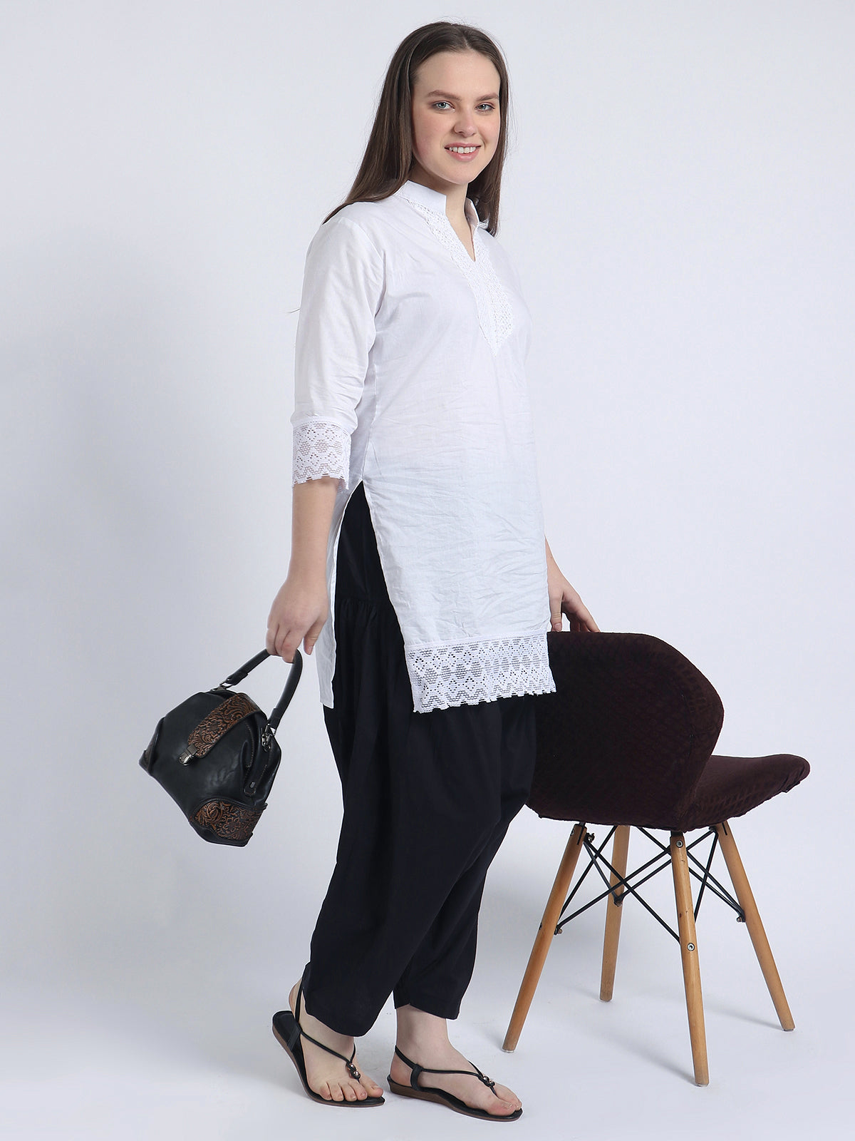 Women Solid White Kurta and Black Salwar Set Pure Cotton XXXL