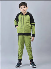 Shiv Naresh Boys Olive Green & Black Color blocked Zip-Front Tracksuit with Hood