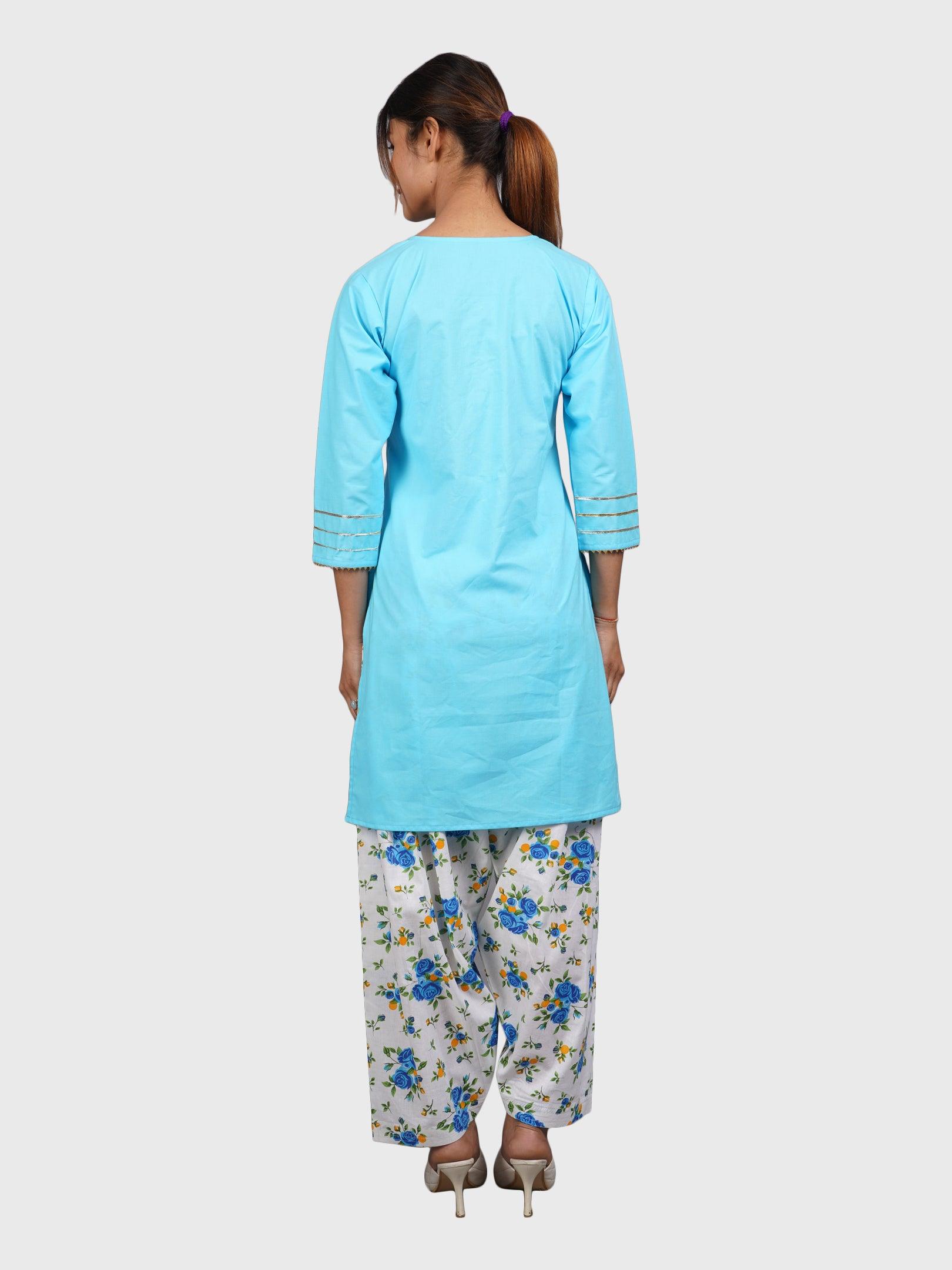 Women Plain Sky Blue Kurta with Printed Salwar and Dupatta