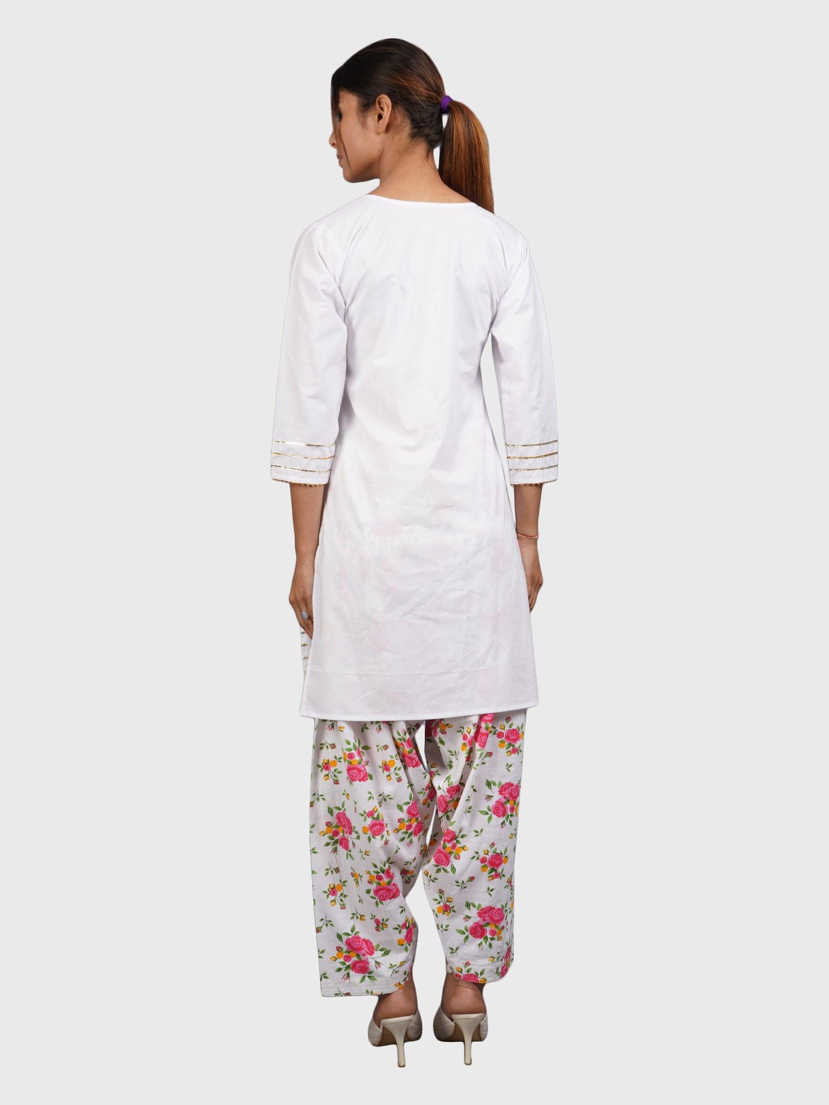 Women Plain White Kurta with Printed Pink Salwar and Dupatta