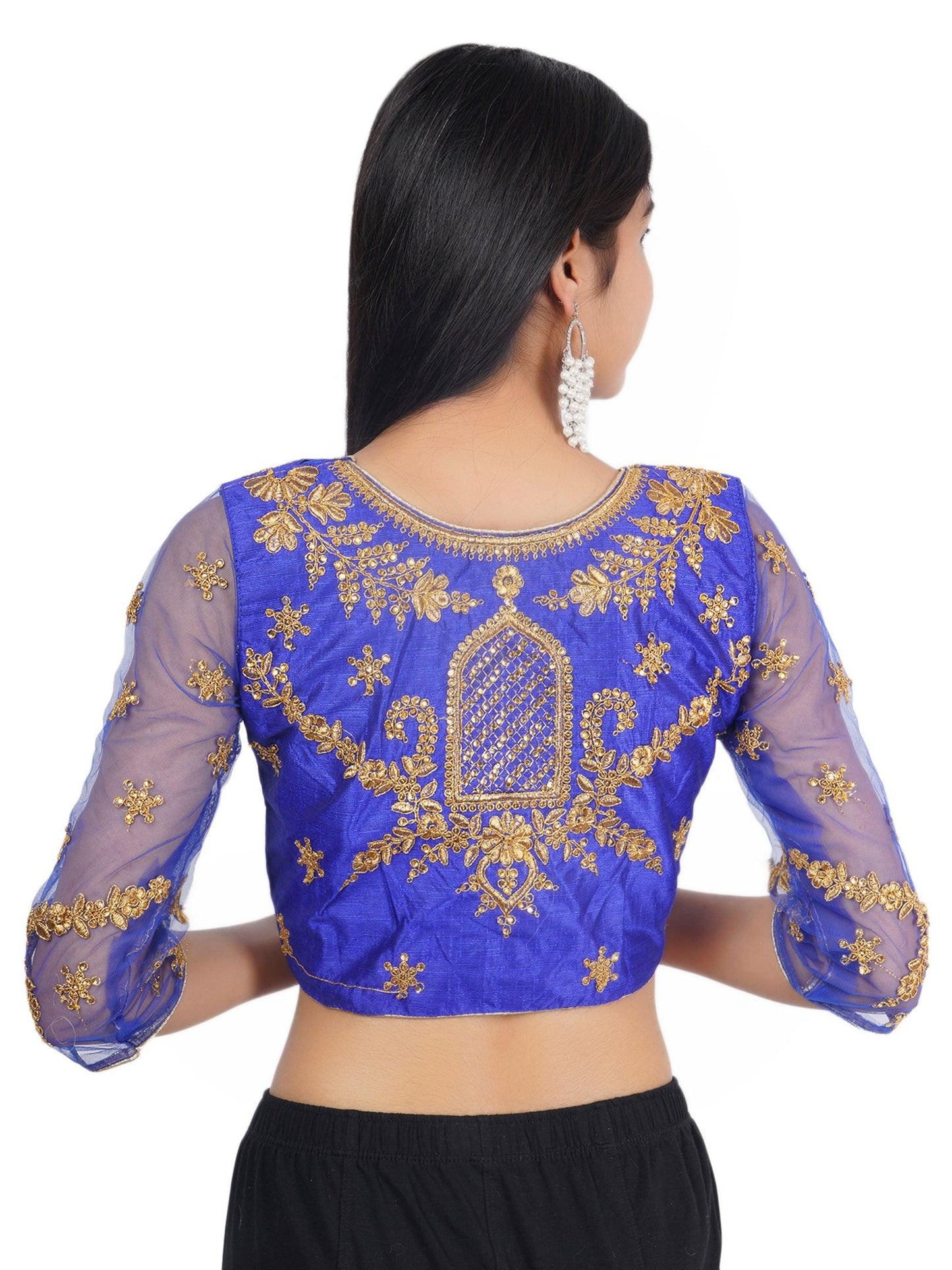 Trendzmy Round Neck Heavy Back Machine Embroidery Royal Blue Women Blouse