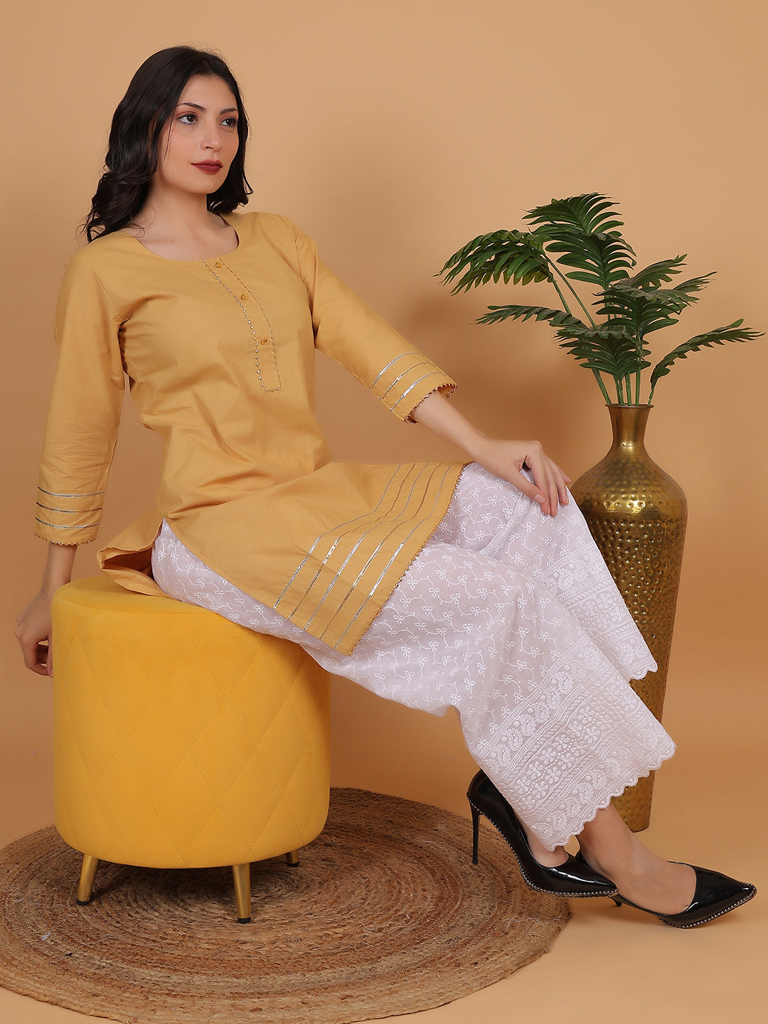 Women Elegant Beige Cotton Kurti & White Embroidered Palazzo Set