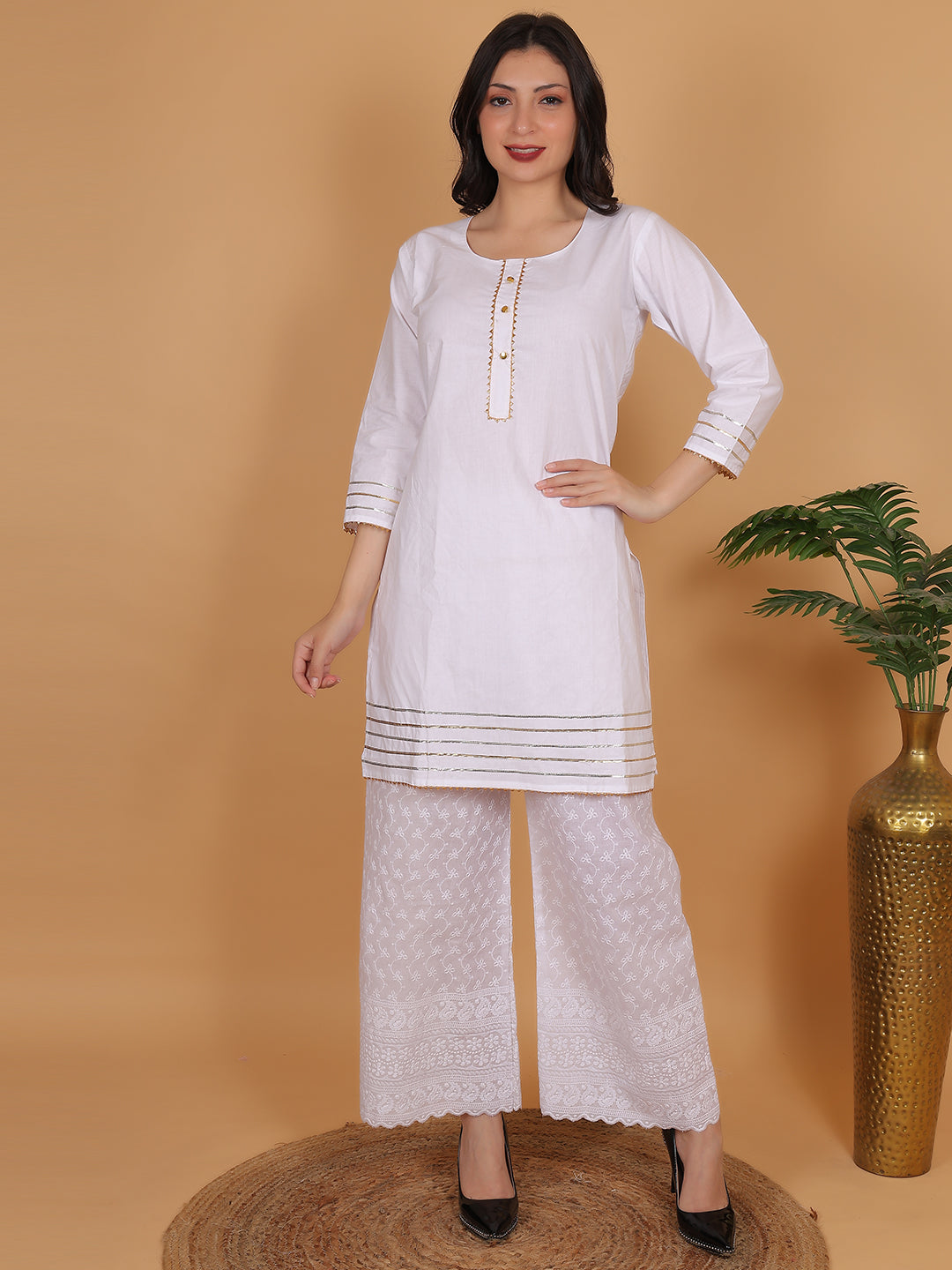 Women Elegant White Cotton Kurti & White Embroidered Palazzo Set