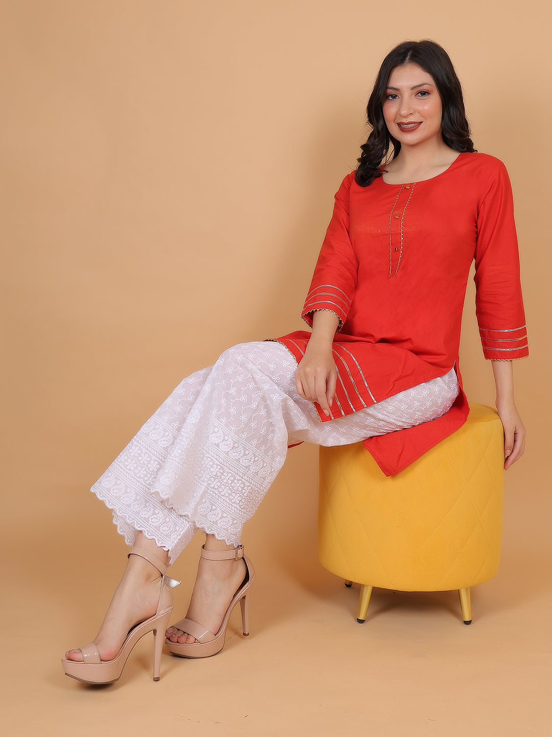 Women Elegant Red Cotton Kurti & White Embroidered Palazzo Set