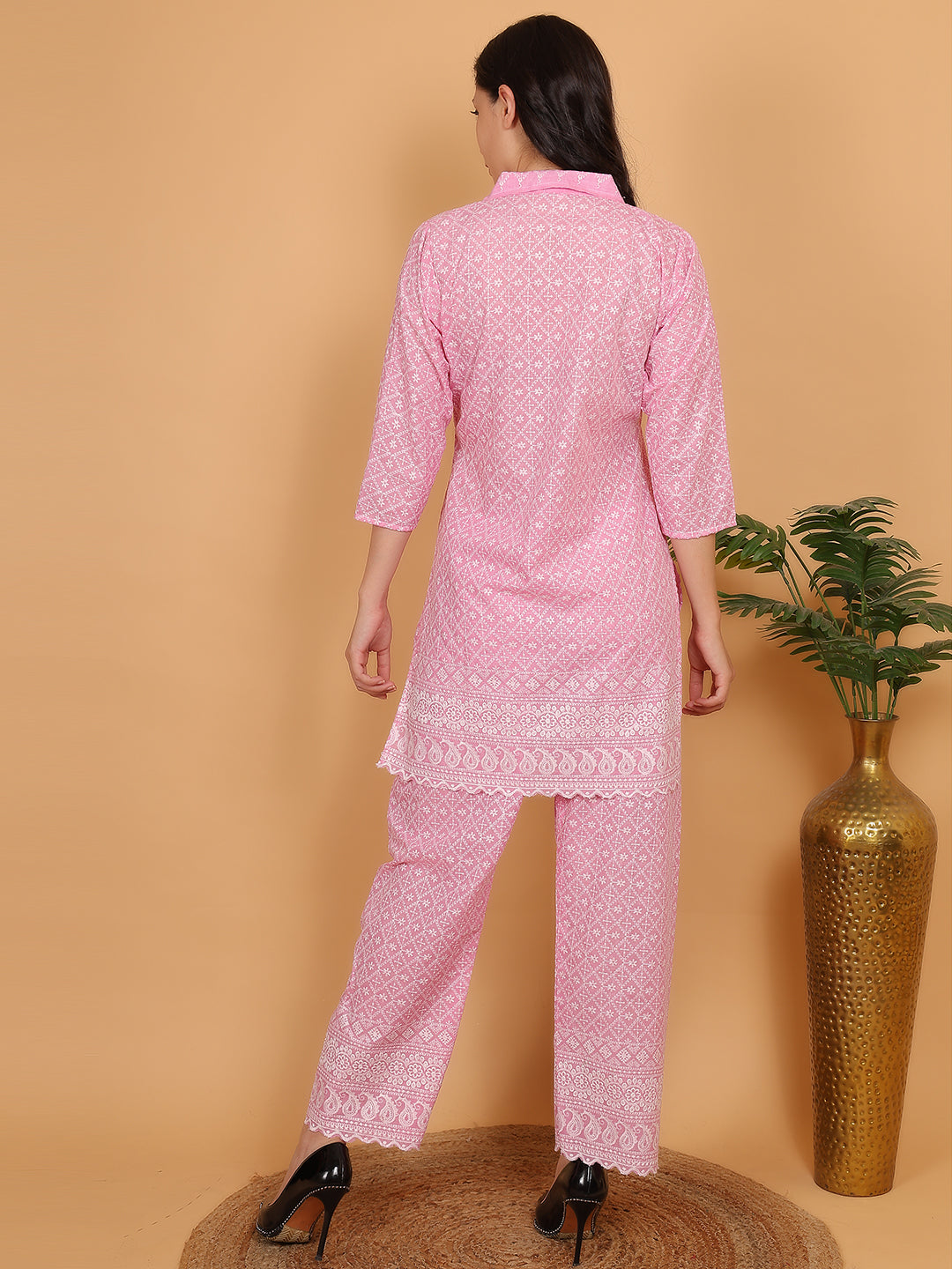 Pink Ethnic Chikan Embroidery Cotton Coord Set