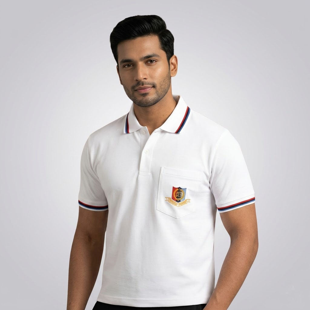 NCC Cadet White Polo T-Shirt | Official Style Uniform Tee with Pocket Badge | Half Sleeve Cotton Blend-Boy's