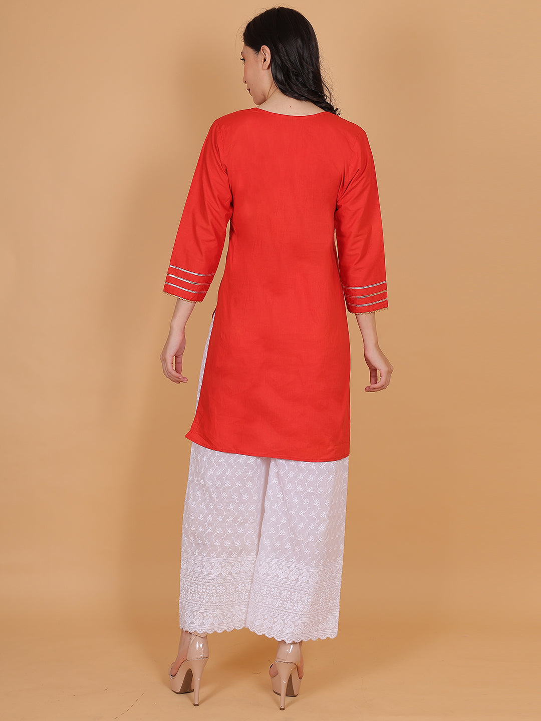 Women Elegant Red Cotton Kurti & White Embroidered Palazzo Set