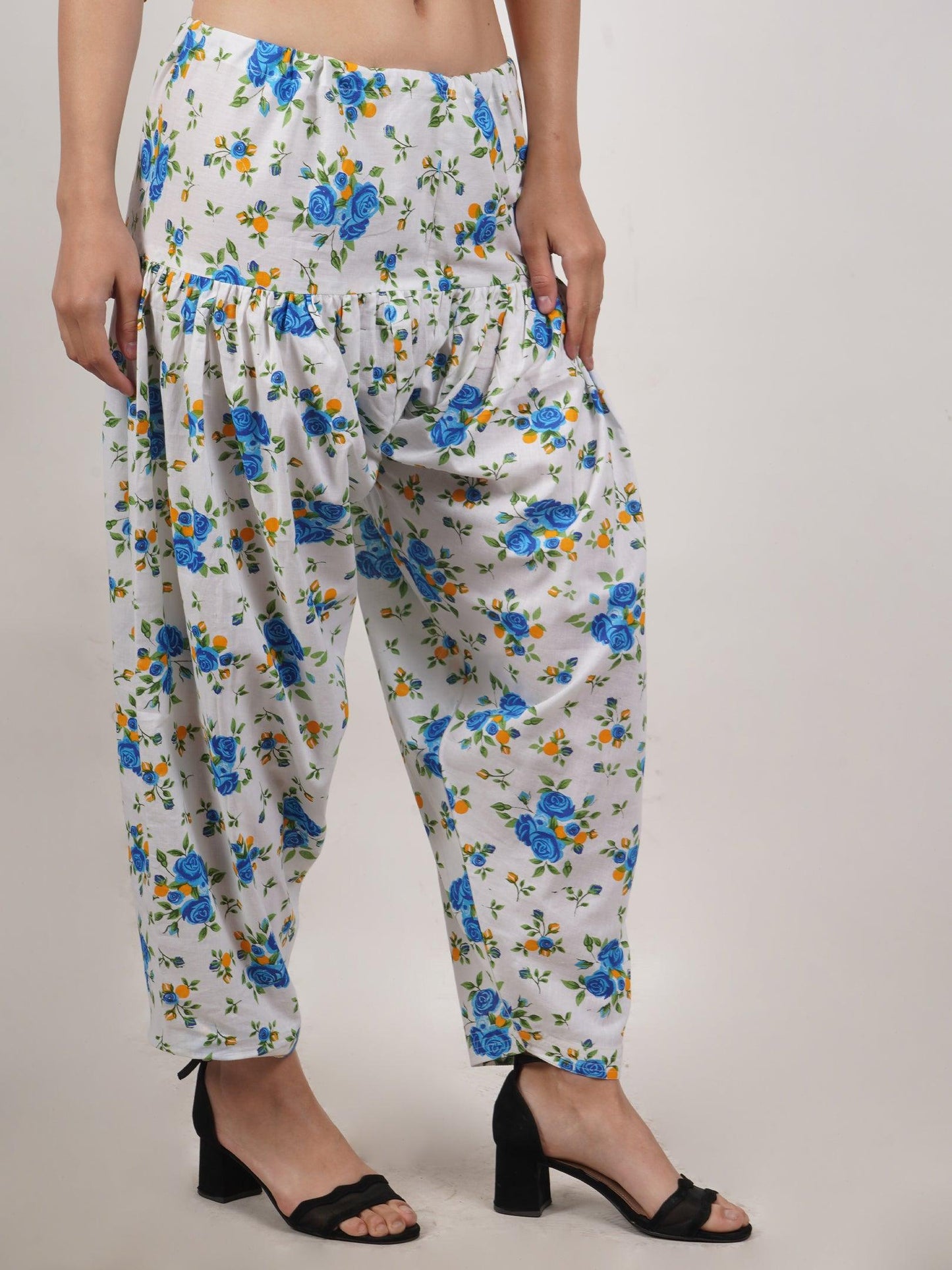 Trendzmy Women Plain White Kurta with Printed Sky Salwar and Dupatta