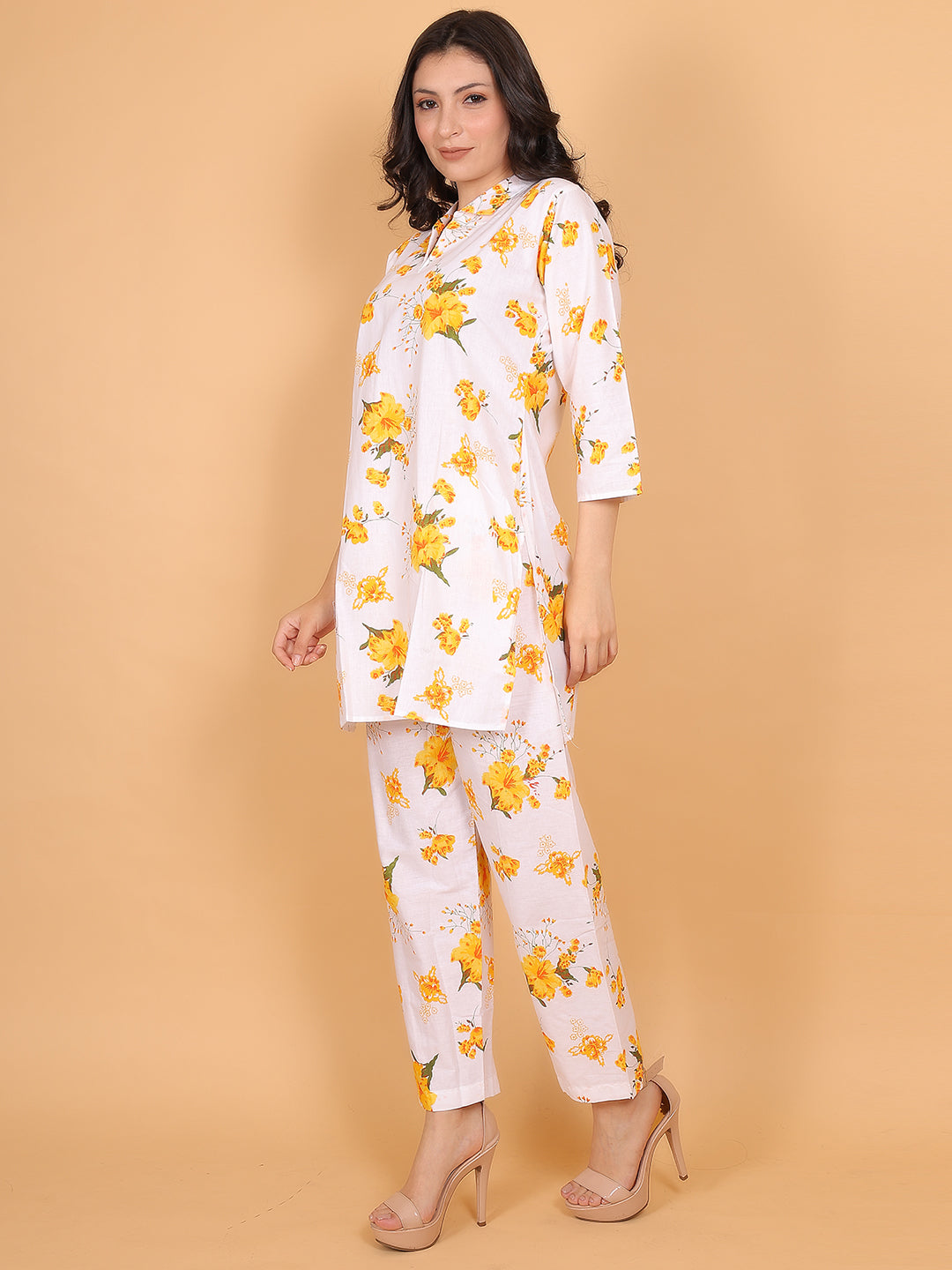 Women Yellow Floral Printed Cotton Coord Set with 3/4 Sleeves