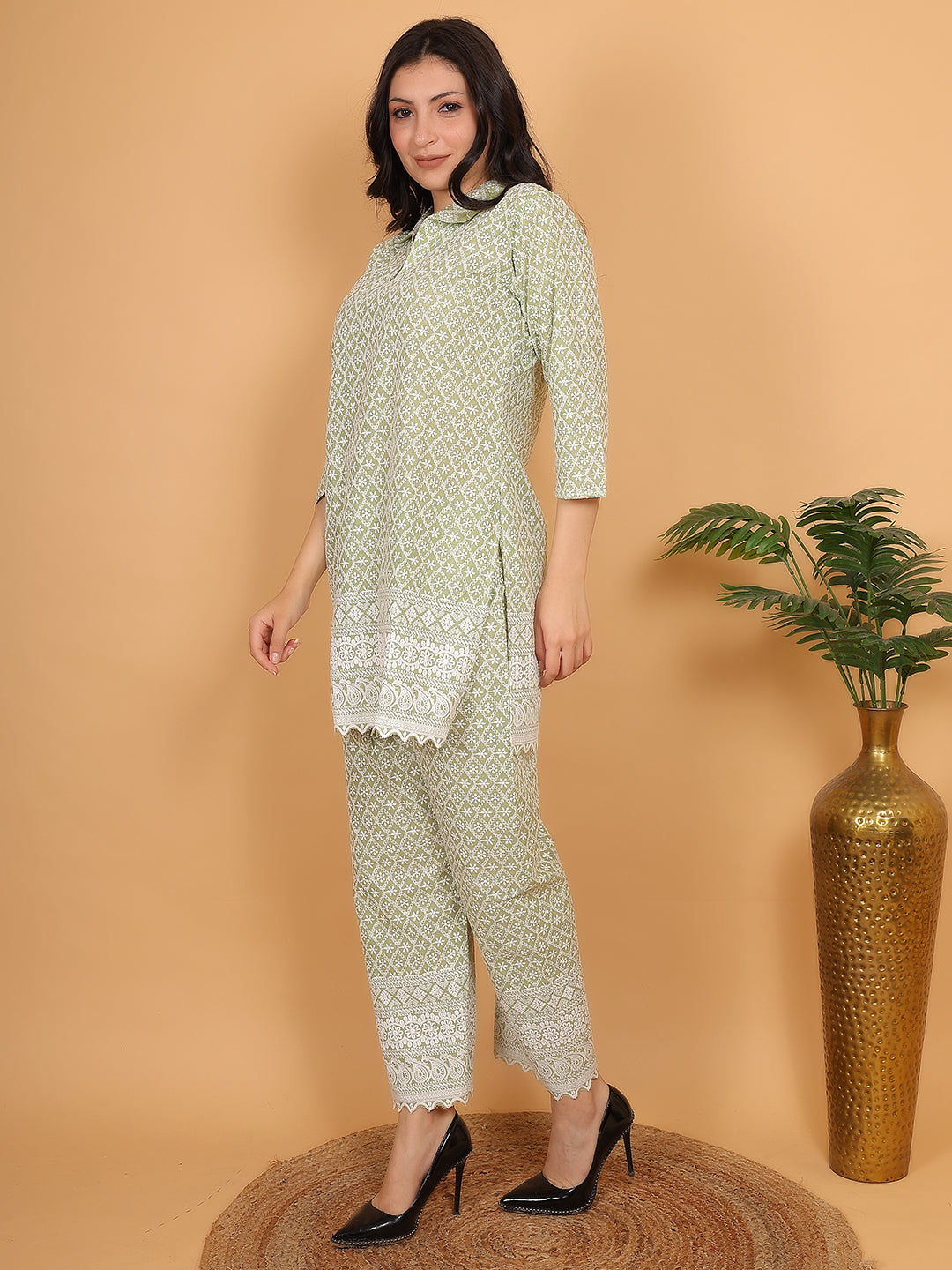 Pista Green Ethnic Chikan Embroidery Cotton Co-ord Set