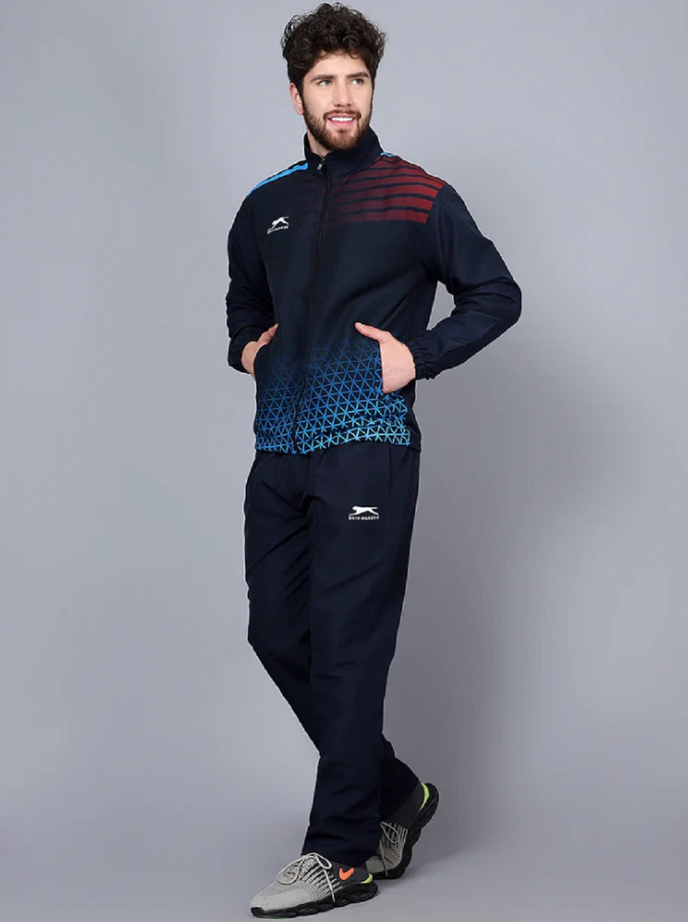 Shiv Naresh Men's Polyester Tracksuit (Navy Blue/Cyan/Maroon)