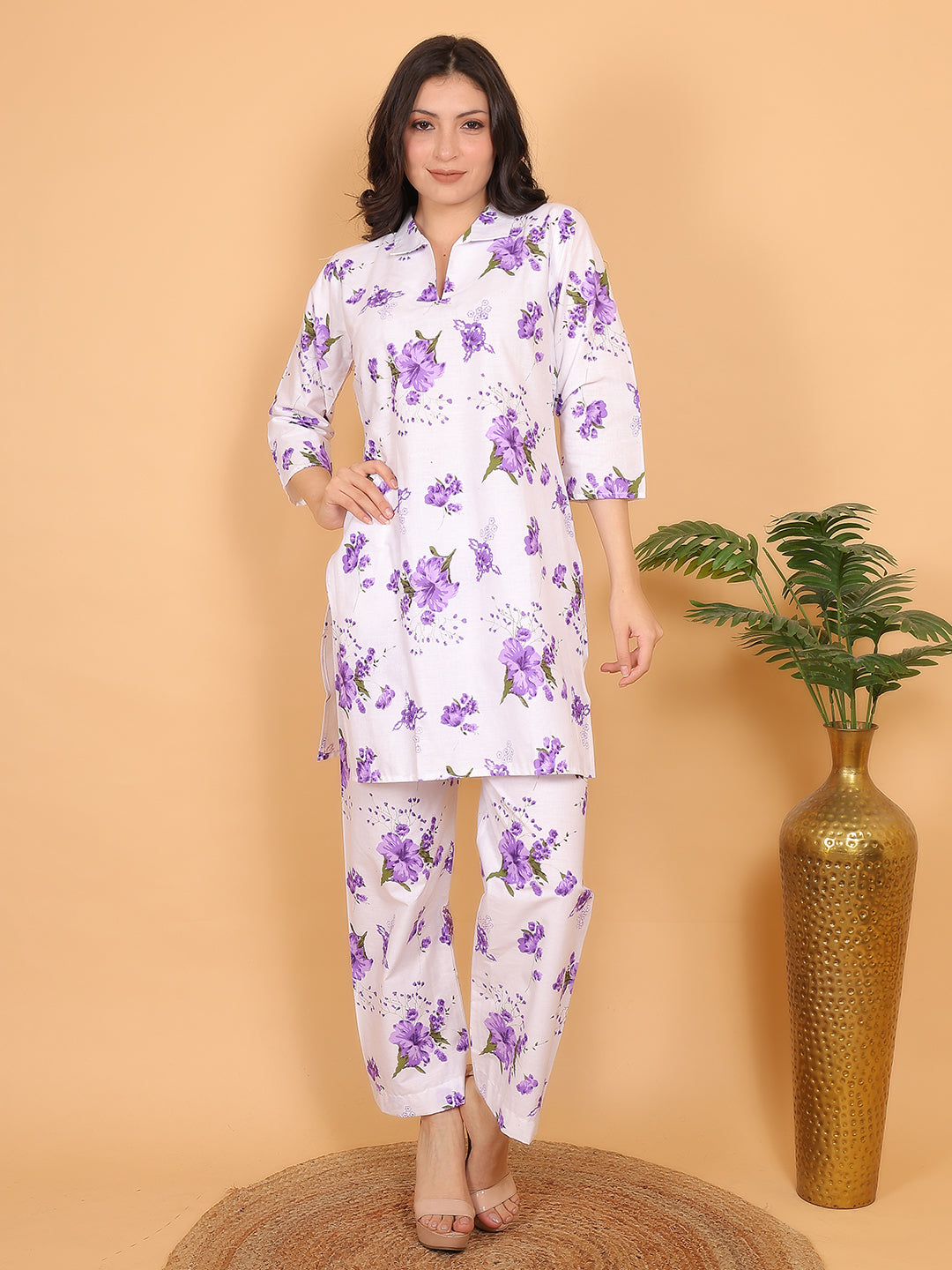 Women Purple Floral Printed Cotton Coord Set with 3/4 Sleeves