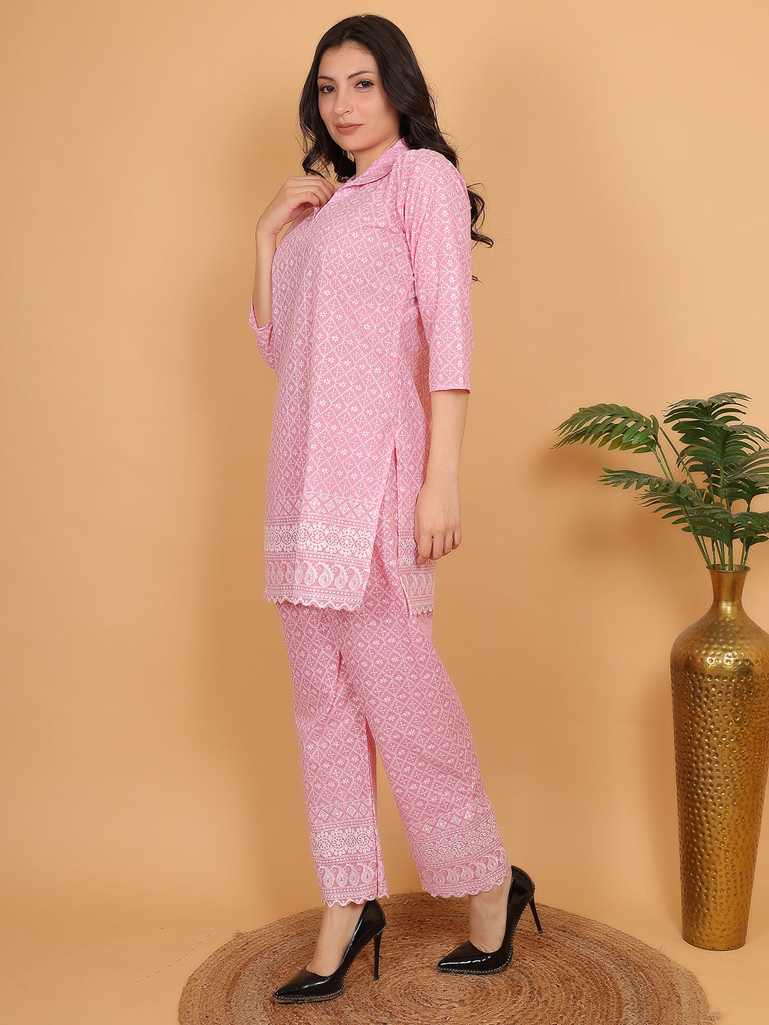 Pink Ethnic Chikan Embroidery Cotton Coord Set