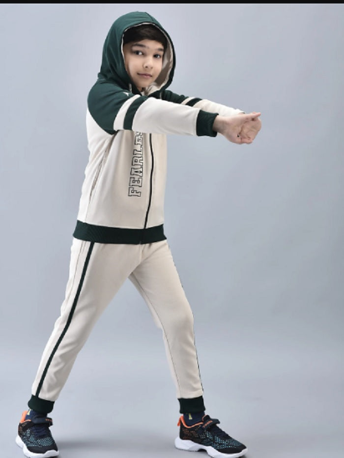 Shiv Naresh Boys Cream & Bottle Green Colorblocked "Fearless" Hooded Tracksuit