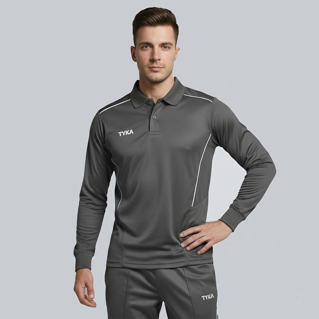TYKA Prima Men Grey Sports Polo T-Shirt | Quick Dry Activewear with Contrast Piping