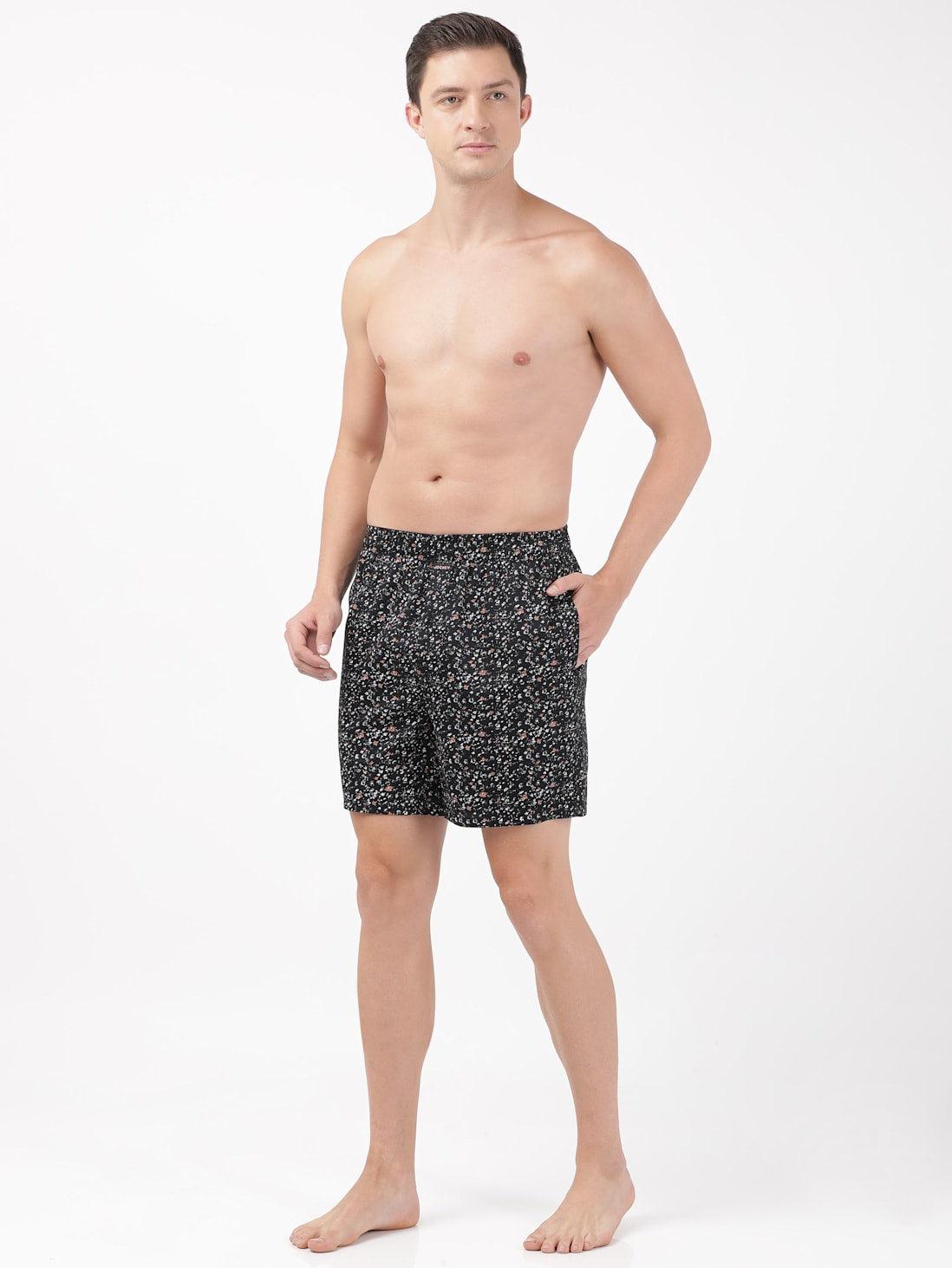 Jockey Men's Super Combed Cotton Satin Weave Printed Boxer Shorts with Side Pocket - Black (Random Prints)