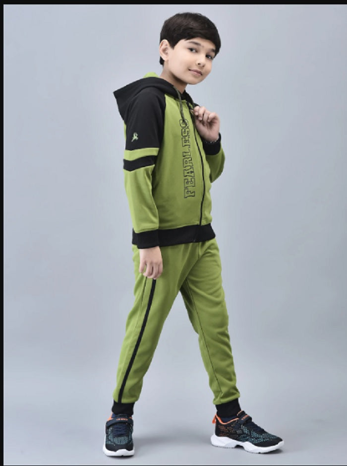 Shiv Naresh Boys Olive Green & Black Color blocked Zip-Front Tracksuit with Hood