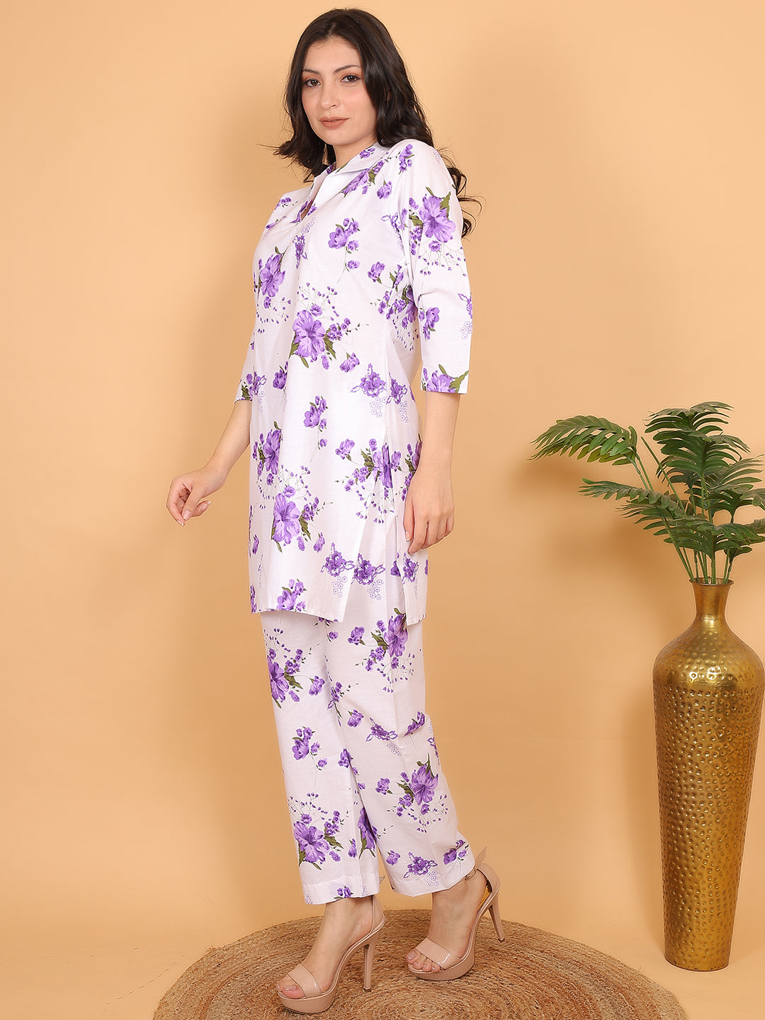 Women Purple Floral Printed Cotton Coord Set with 3/4 Sleeves