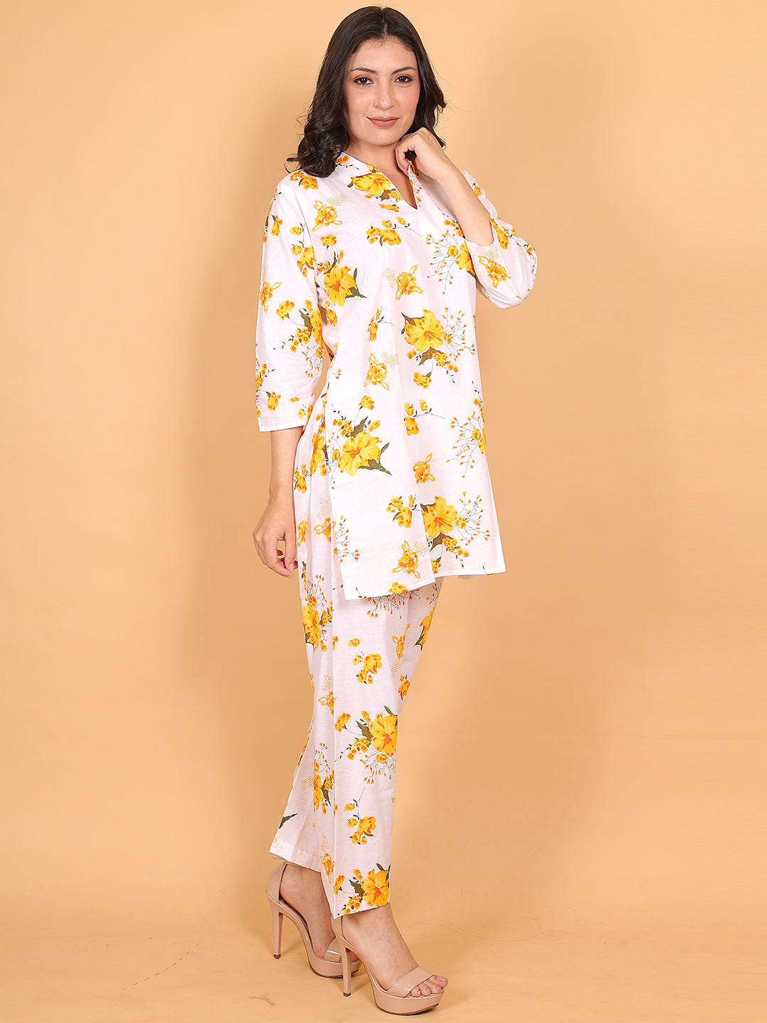 Women Yellow Floral Printed Cotton Coord Set with 3/4 Sleeves
