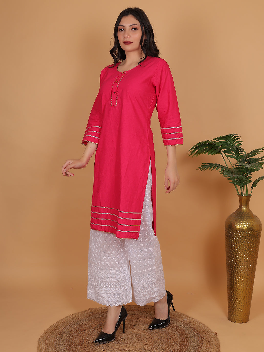 Women Elegant Rani Pink Cotton Kurti & White Embroidered Palazzo Set