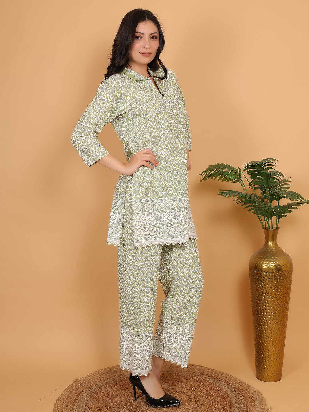 Pista Green Ethnic Chikan Embroidery Cotton Co-ord Set
