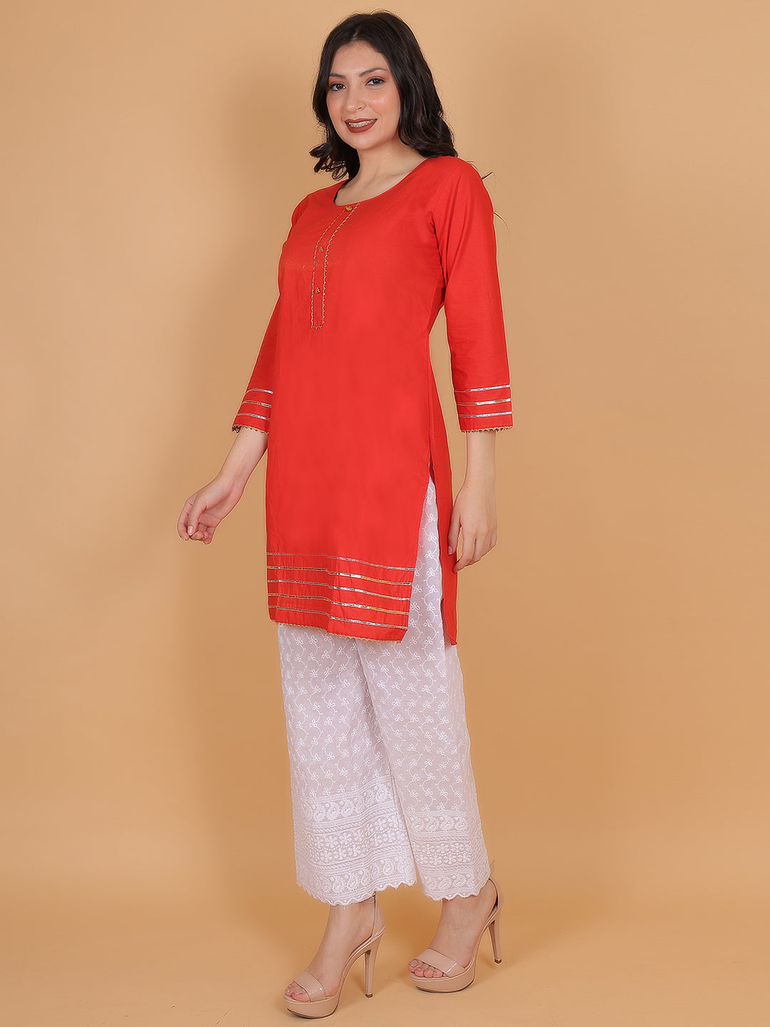 Women Elegant Red Cotton Kurti & White Embroidered Palazzo Set
