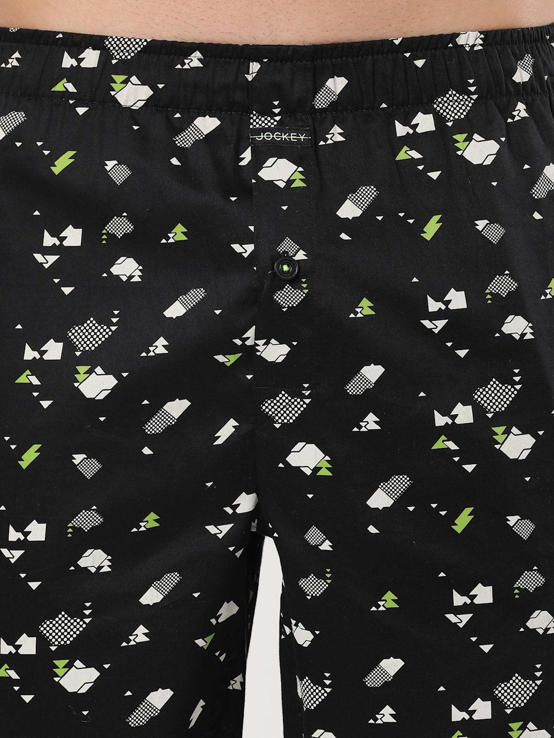 Jockey Men's Super Combed Cotton Satin Weave Printed Boxer Shorts with Side Pocket - Black (Random Prints)