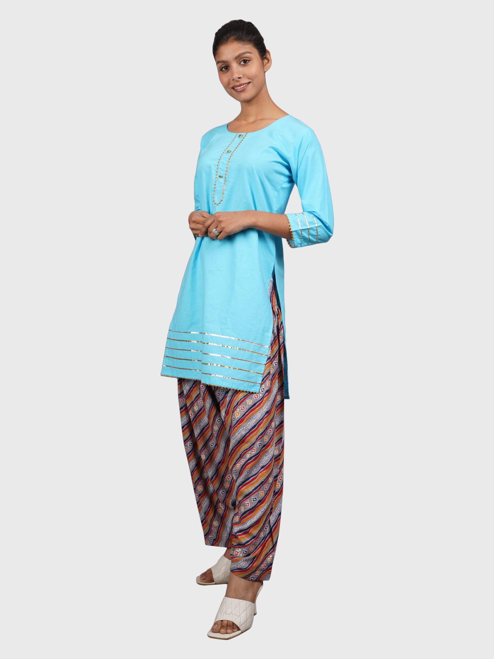Women Plain Sky Kurta with Stripe Blue Salwar and Dupatta