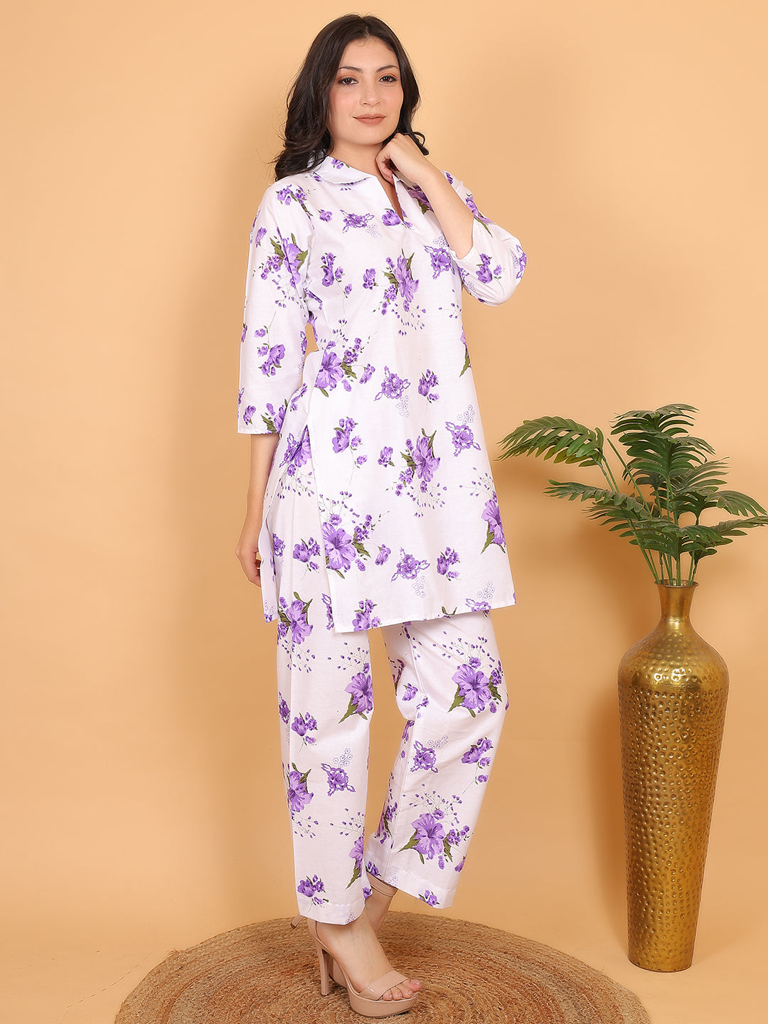 Women Purple Floral Printed Cotton Coord Set with 3/4 Sleeves
