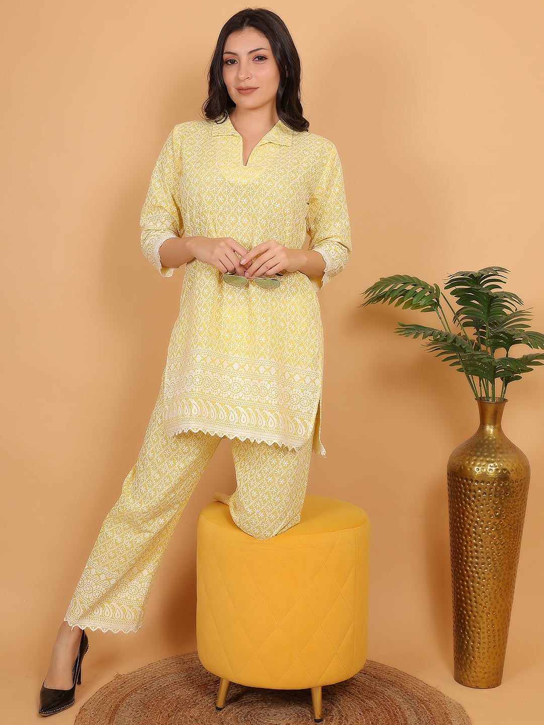 Yellow Ethnic Chikan Embroidery Cotton Coord Set