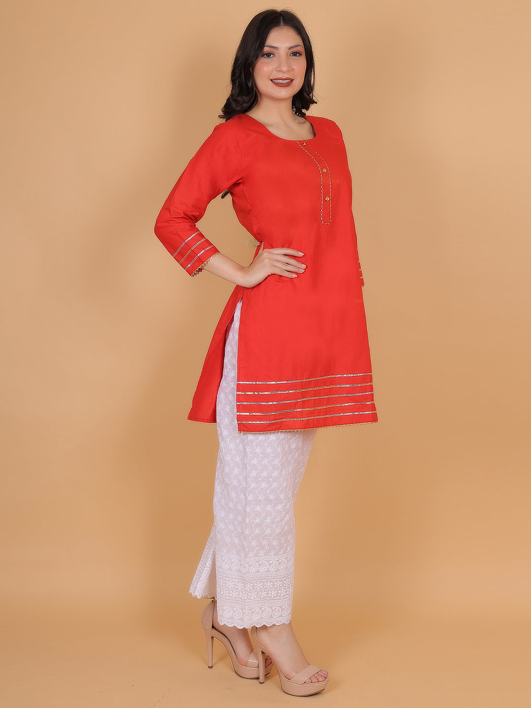 Women Elegant Red Cotton Kurti & White Embroidered Palazzo Set