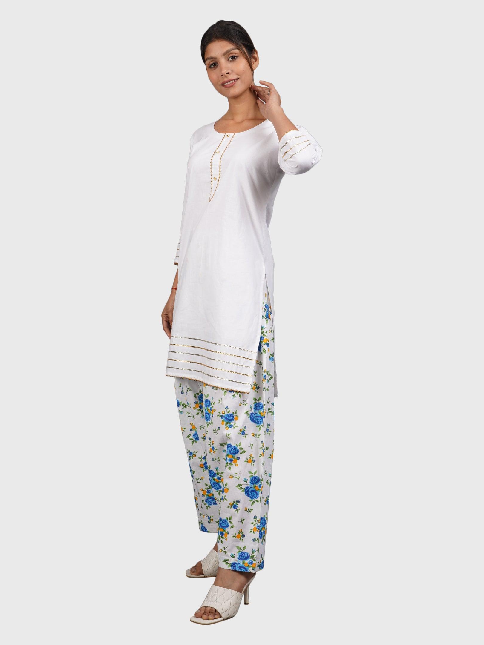 Women Plain White Kurta with Printed Sky Salwar and Dupatta