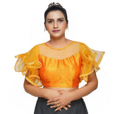 Boat Neck Frill Shoulder Yellow Women Blouse Yellow