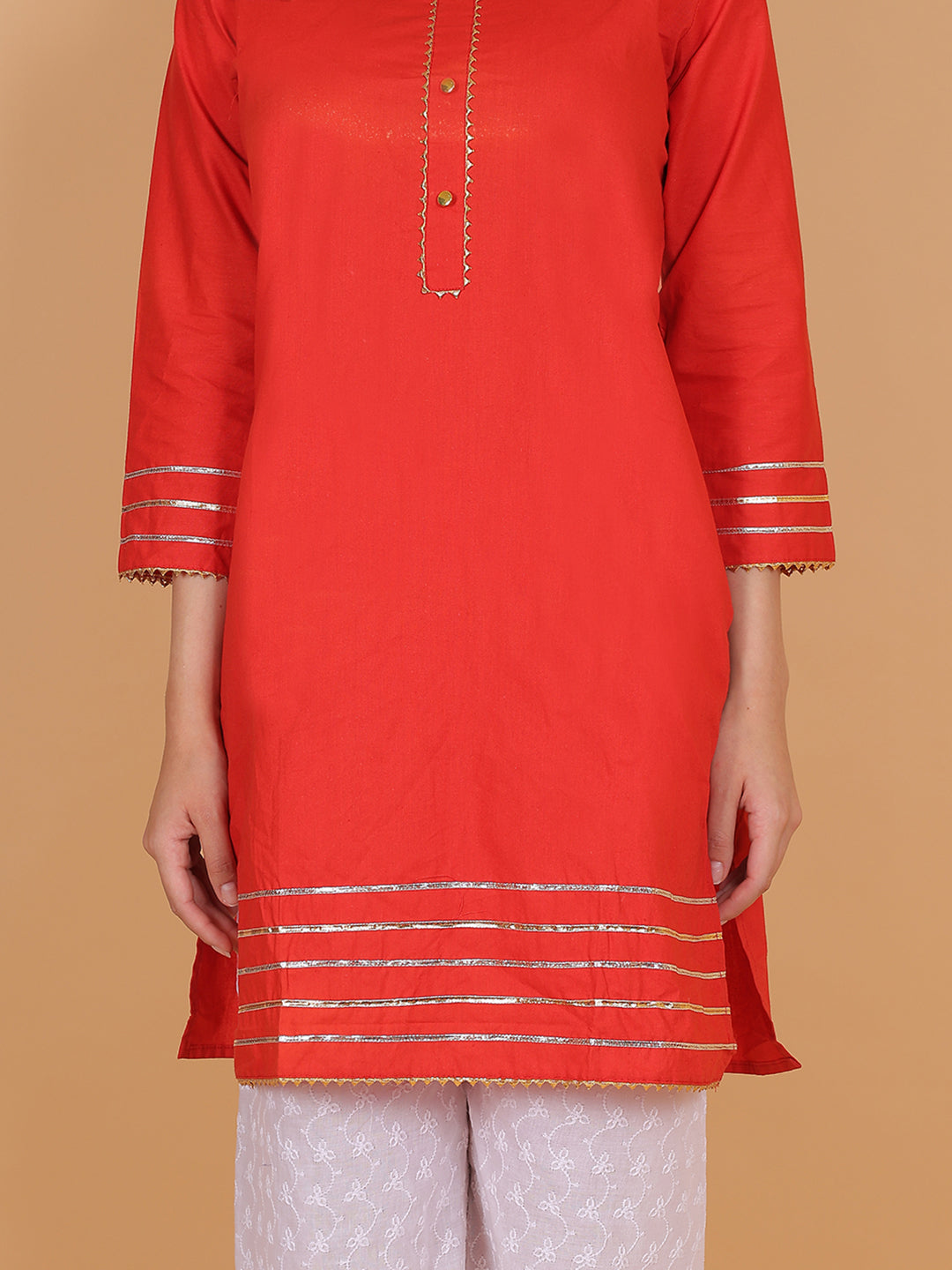 Women Elegant Red Cotton Kurti & White Embroidered Palazzo Set