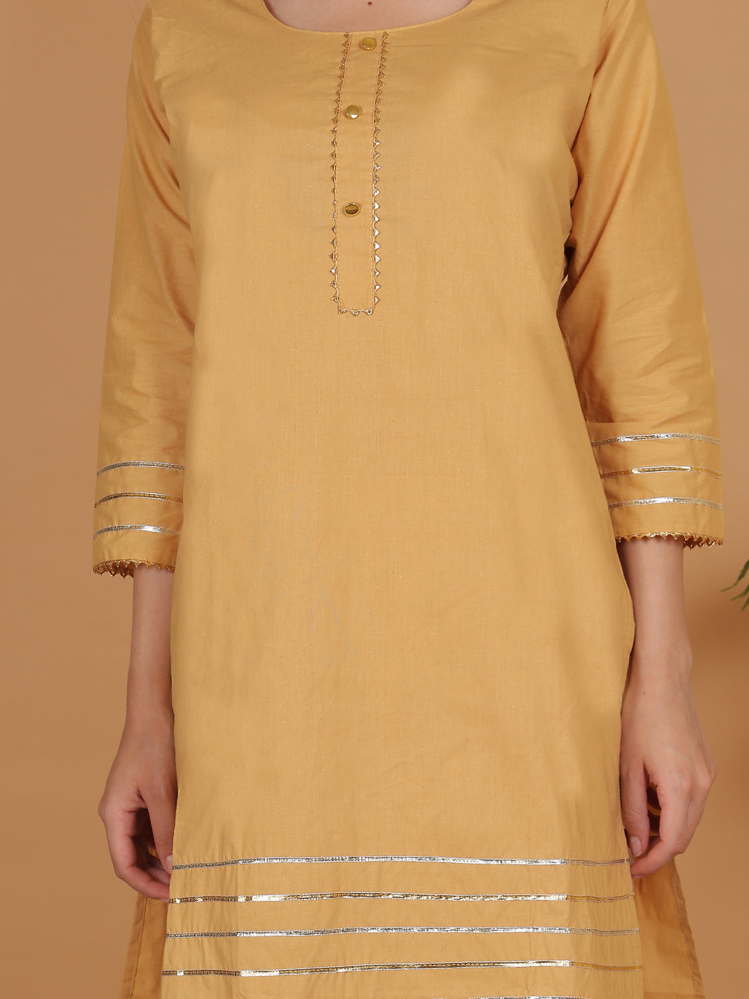 Women Elegant Beige Cotton Kurti & White Embroidered Palazzo Set