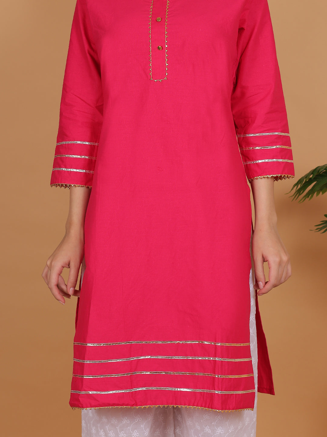 Women Elegant Rani Pink Cotton Kurti & White Embroidered Palazzo Set