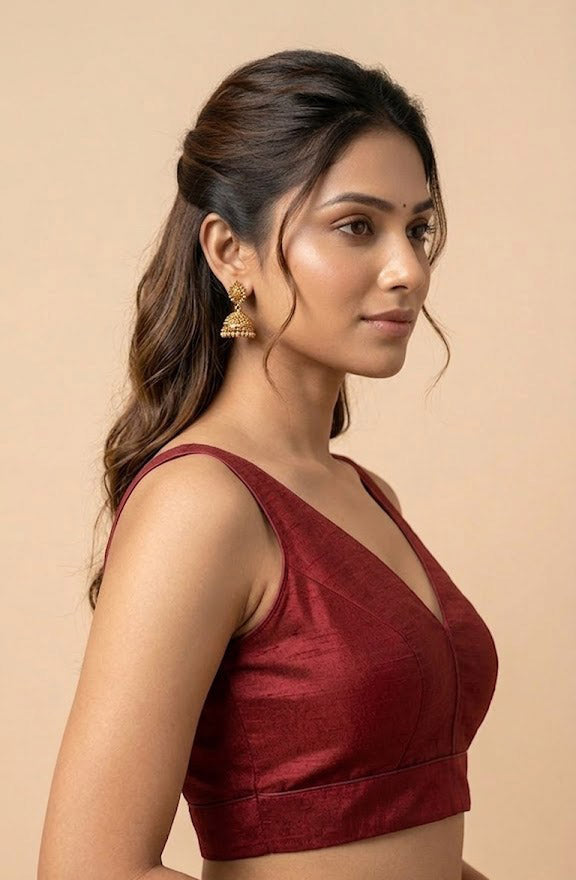 Women's Raw Silk Sleeveless Blouse - Deep V-Neck Saree blouse