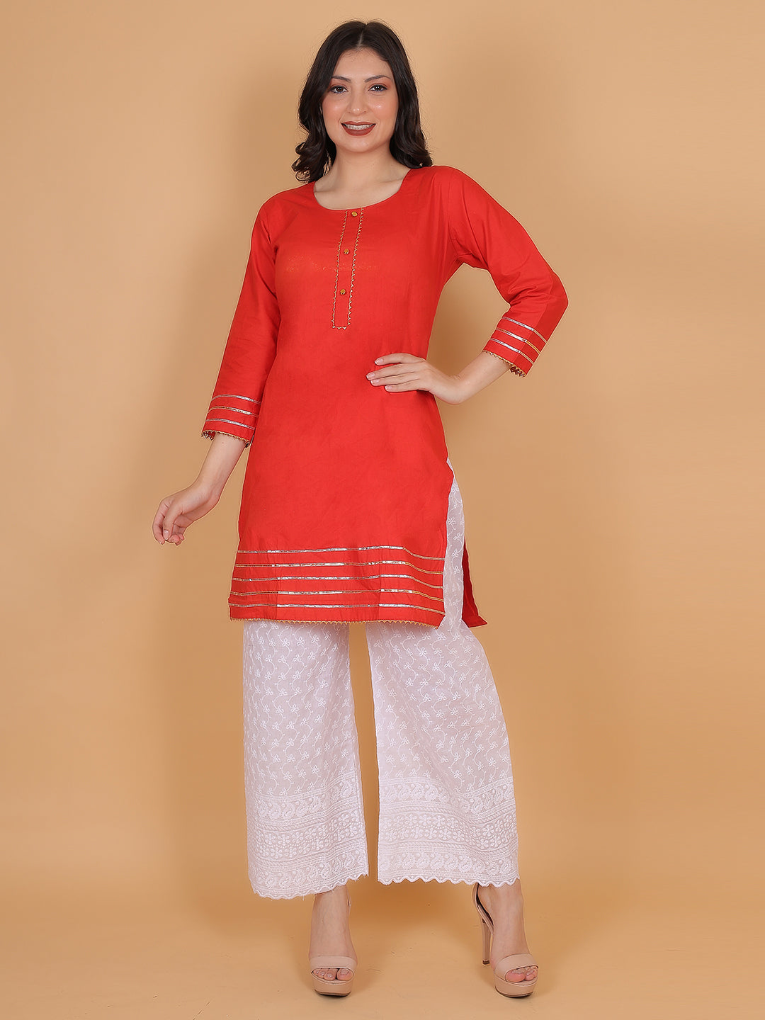 Women Elegant Red Cotton Kurti & White Embroidered Palazzo Set