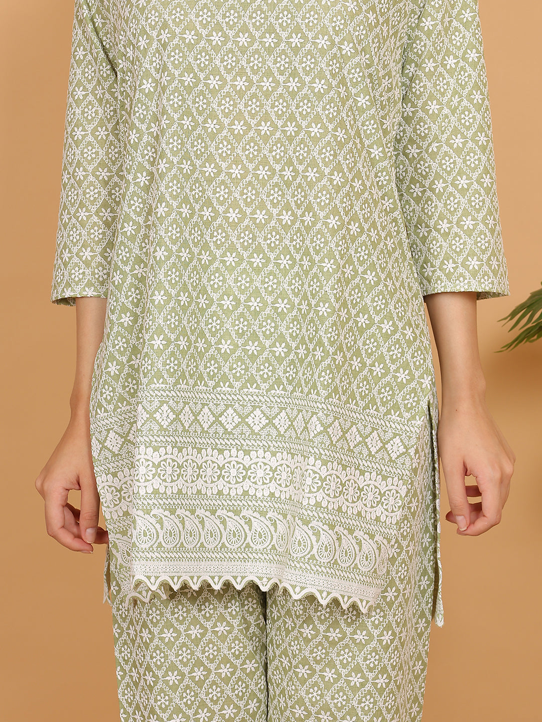 Trendzmy Pista Green Ethnic Chikan Embroidery Cotton Co-ord Set