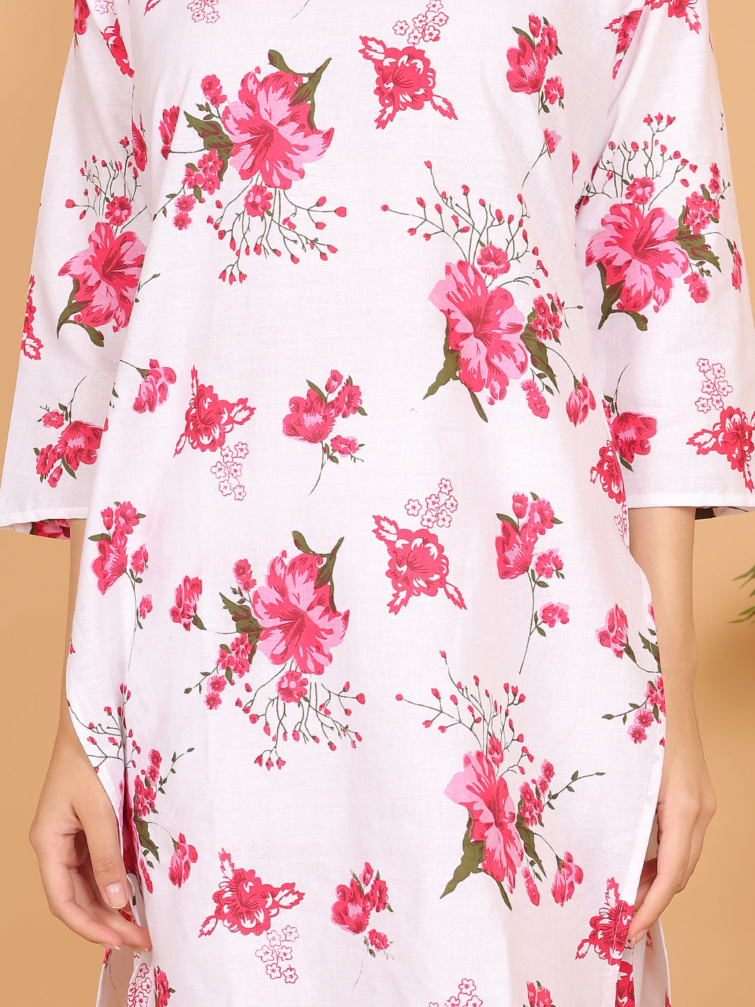 Women Red Floral Printed Cotton Coord Set with 3/4 Sleeves