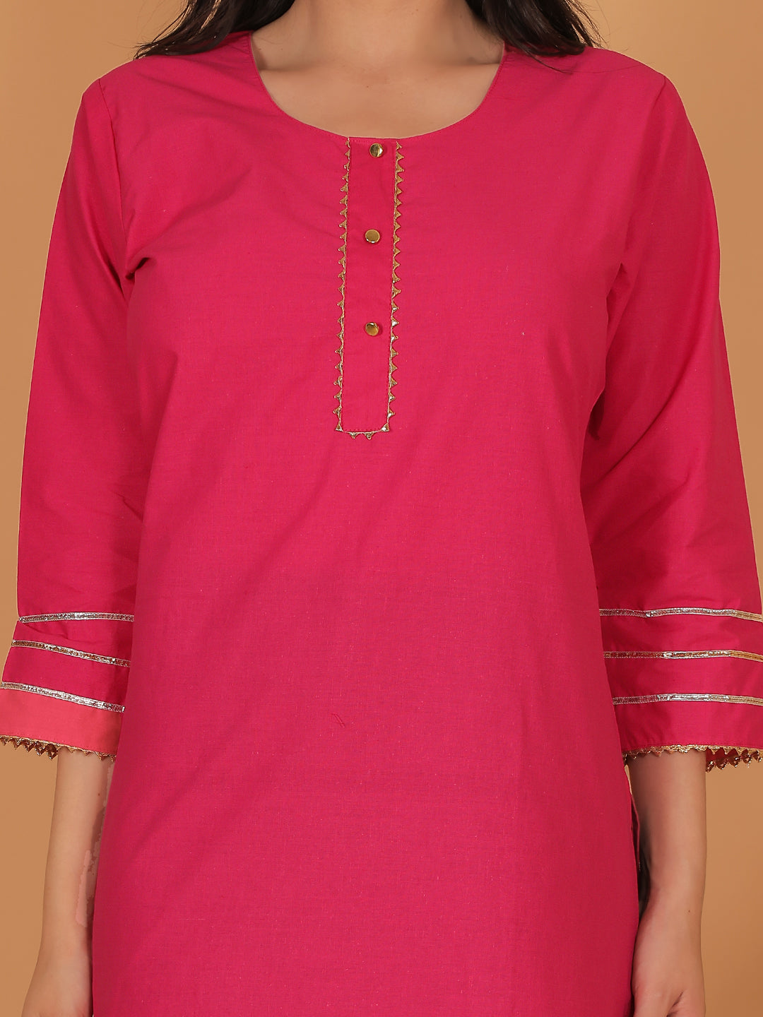 Women Pink Cotton Straight Kurti with Golden Detailing
