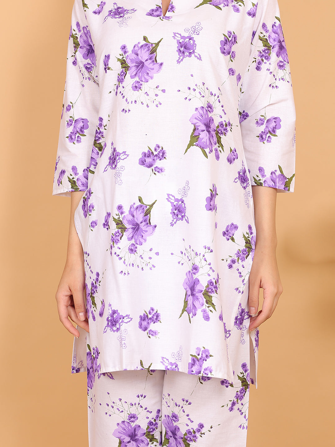 Women Purple Floral Printed Cotton Coord Set with 3/4 Sleeves