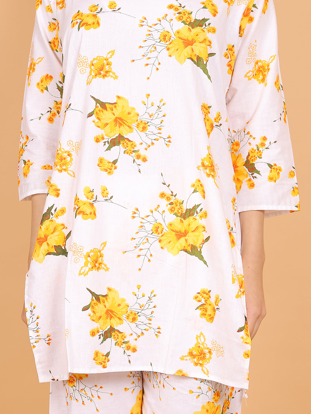 Women Yellow Floral Printed Cotton Coord Set with 3/4 Sleeves