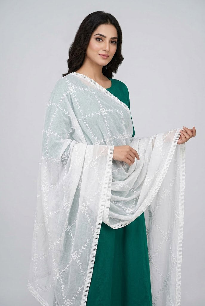 Women's Elegant White Thread Work Cotton Dupatta- 2 Meter