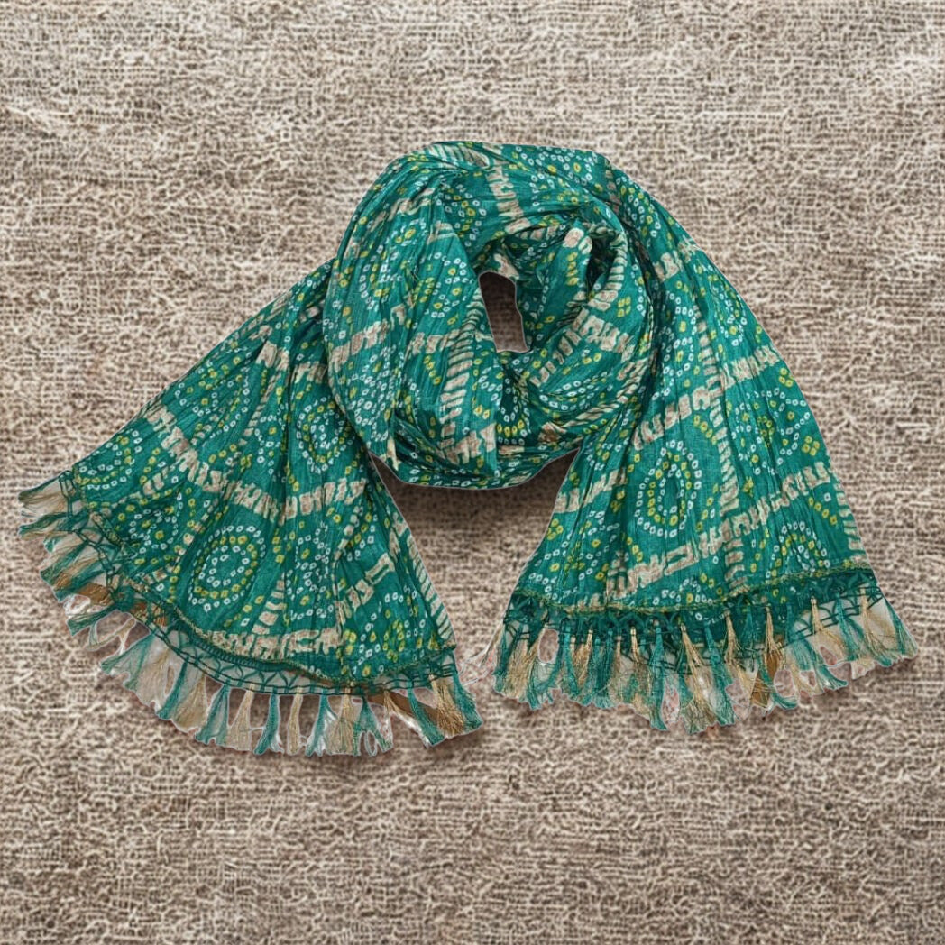 Artisanal Emerald Green Bandhani Print Cotton Blend Dupatta with Tassel Fringe