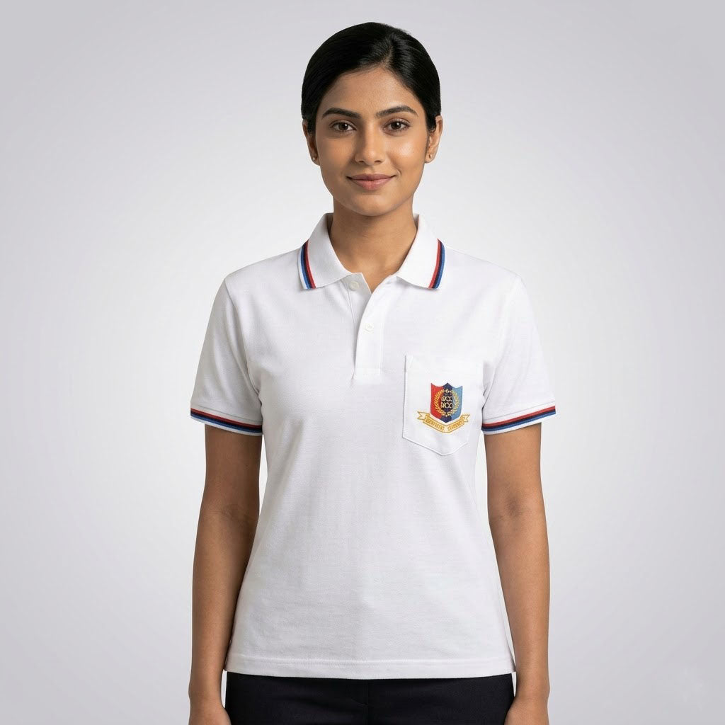 NCC Cadet White Polo T-Shirt | Official Style Uniform Tee with Pocket Badge | Half Sleeve Cotton Blend -Girl's