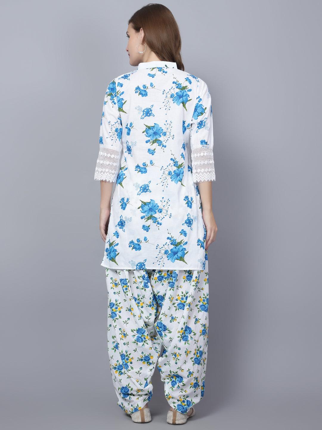 Women Apple Cut Blue Floral Print Pure Cotton Straight Kurta Set