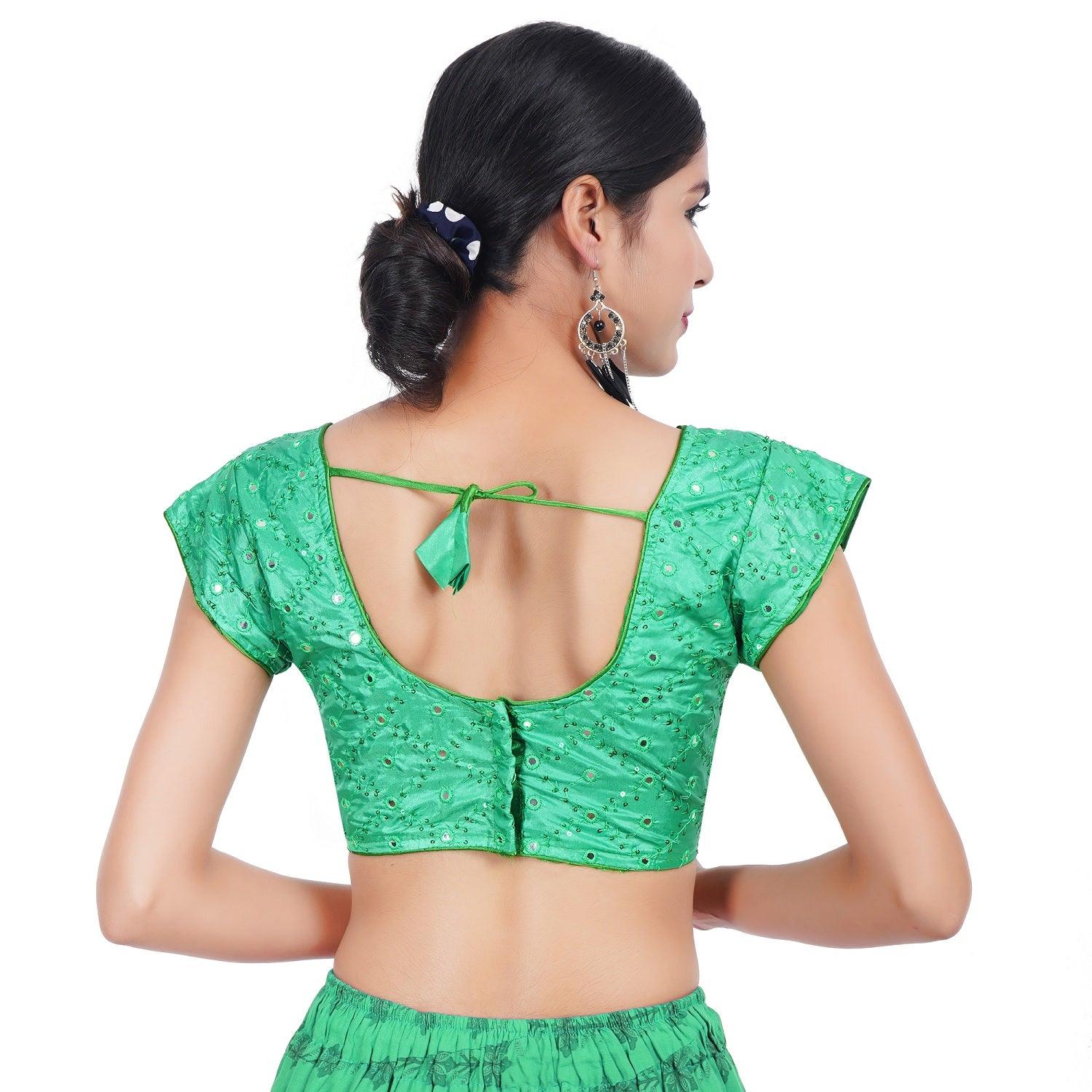 V Neck Mirror Embroidery Green Women Blouse