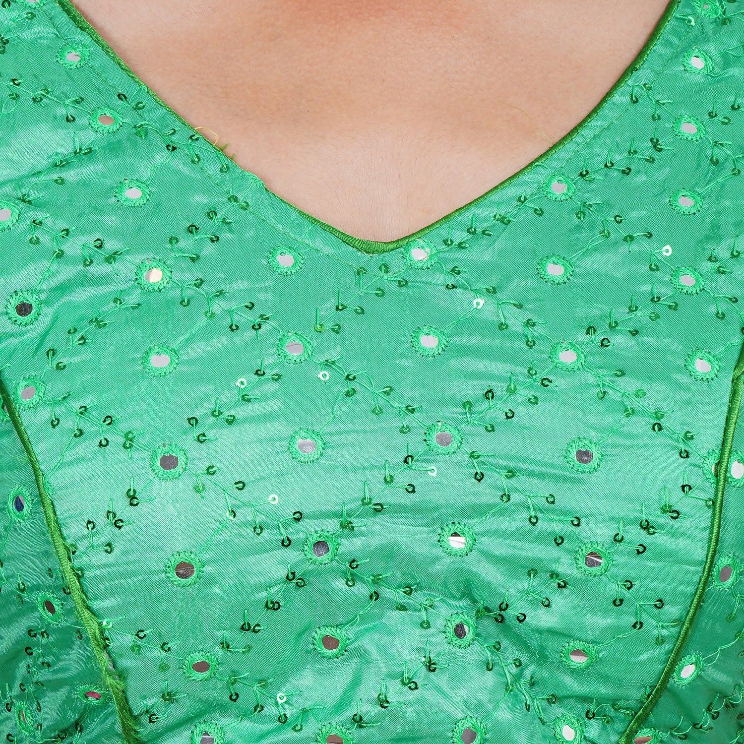 V Neck Mirror Embroidery Green Women Blouse